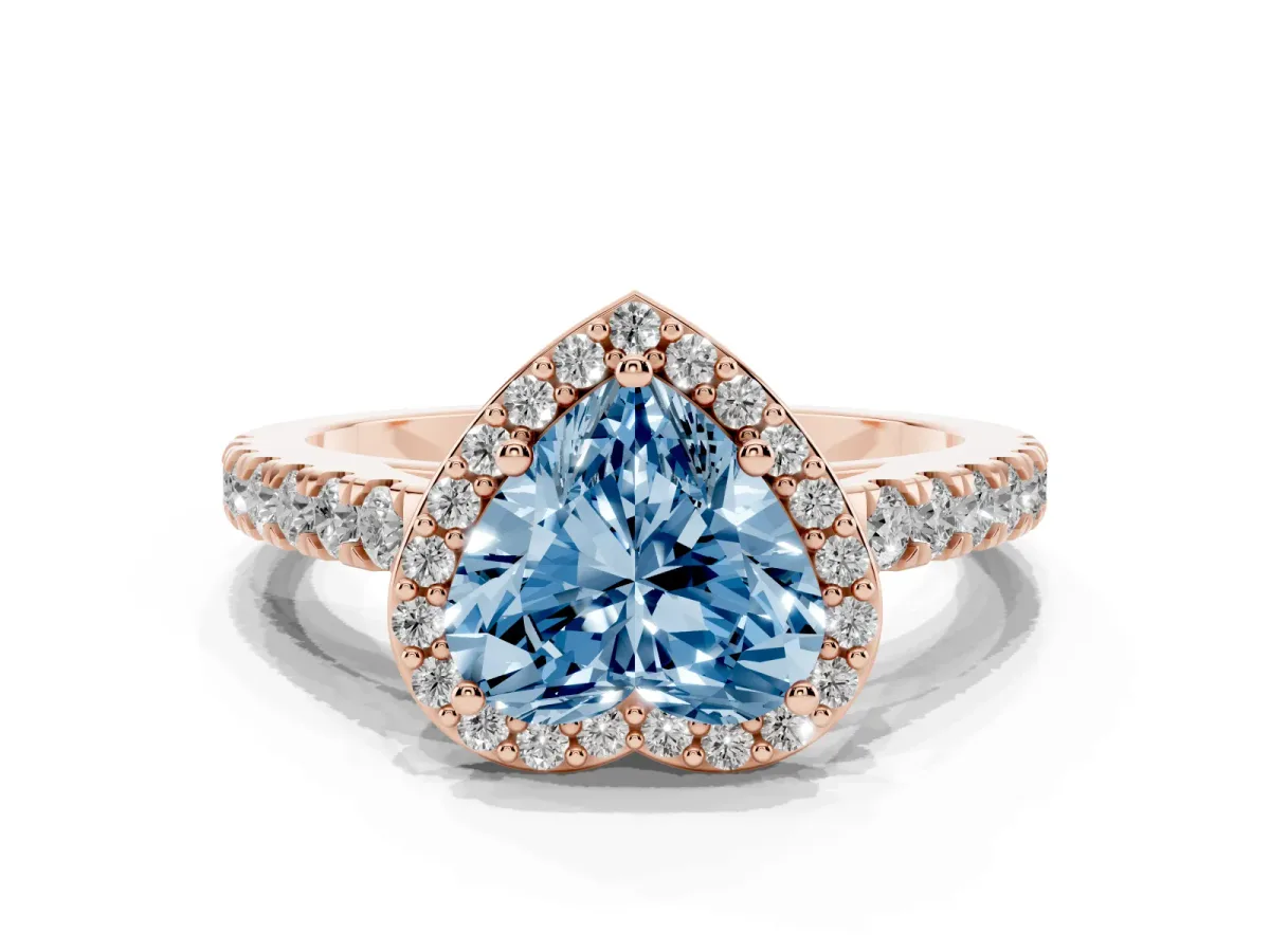 Fancy Blue Heart Cut Cut Halo Diamond Engagement Ring with Pave Band and Four-Prong Setting Rose gold