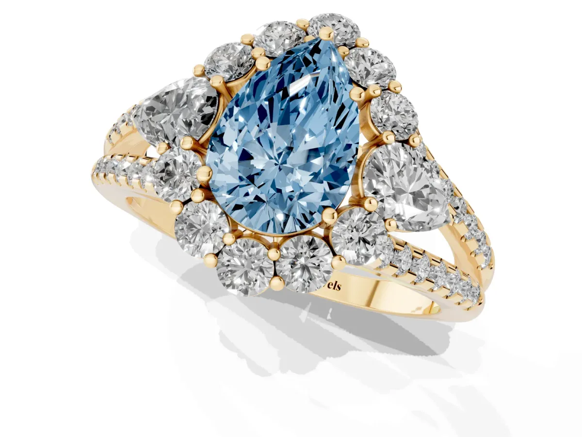 Fancy Blue Pear Cut Halo Split Shank Diamond Engagement Ring with Prong Setting Yellow gold