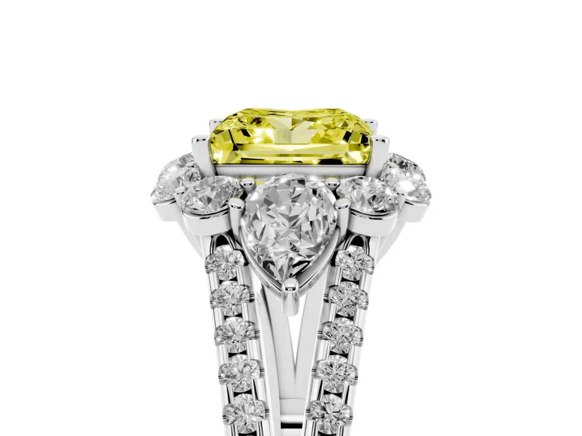 Fancy Yellow Princess Cut Halo Split Shank Diamond Engagement Ring with Prong Setting White gold