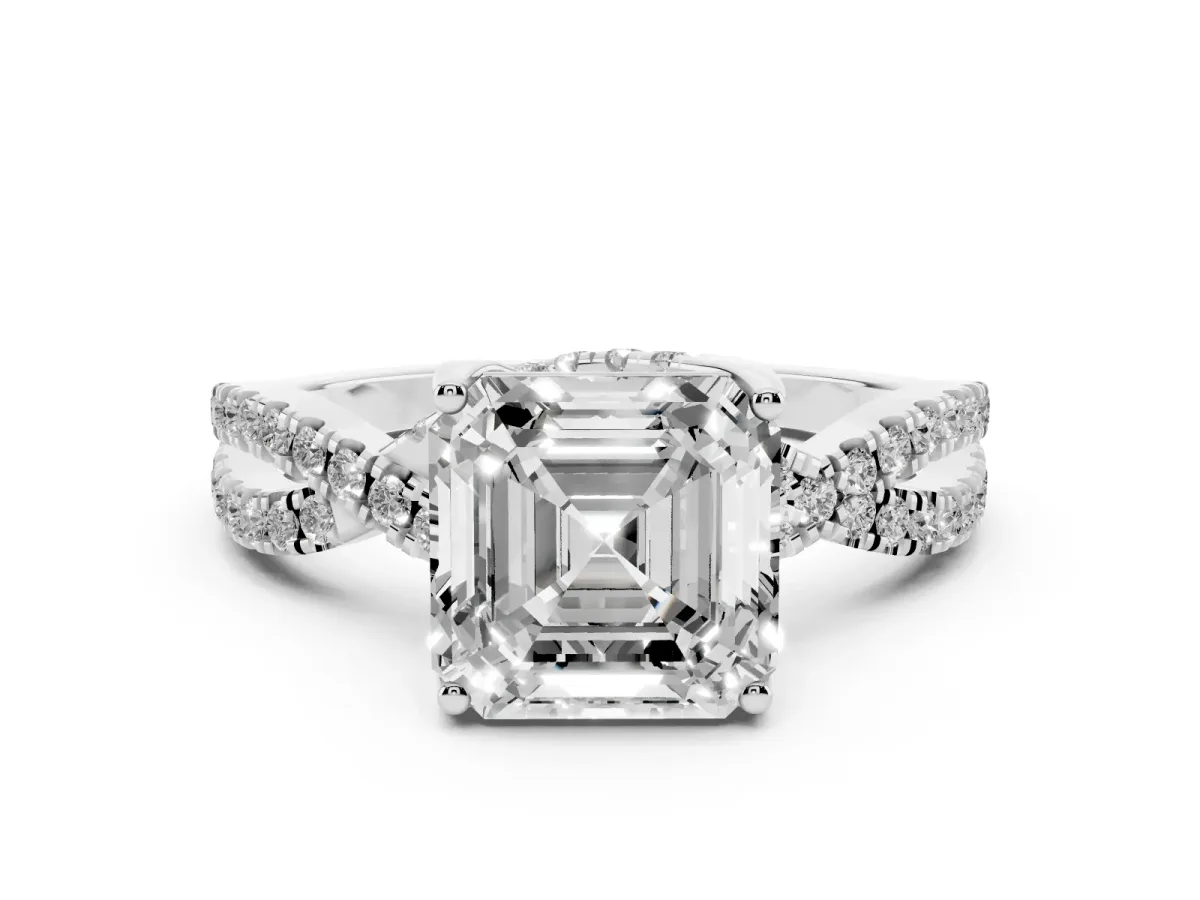 Asscher Cut Solitaire Twist Pave Diamond Engagement Ring with Prong Setting Silver