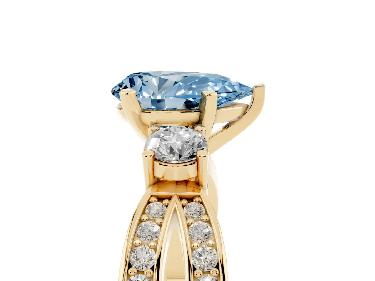 Fancy Blue Three-Stone Pear Cut Cut Diamond Twist Band with Prong Setting Yellow gold