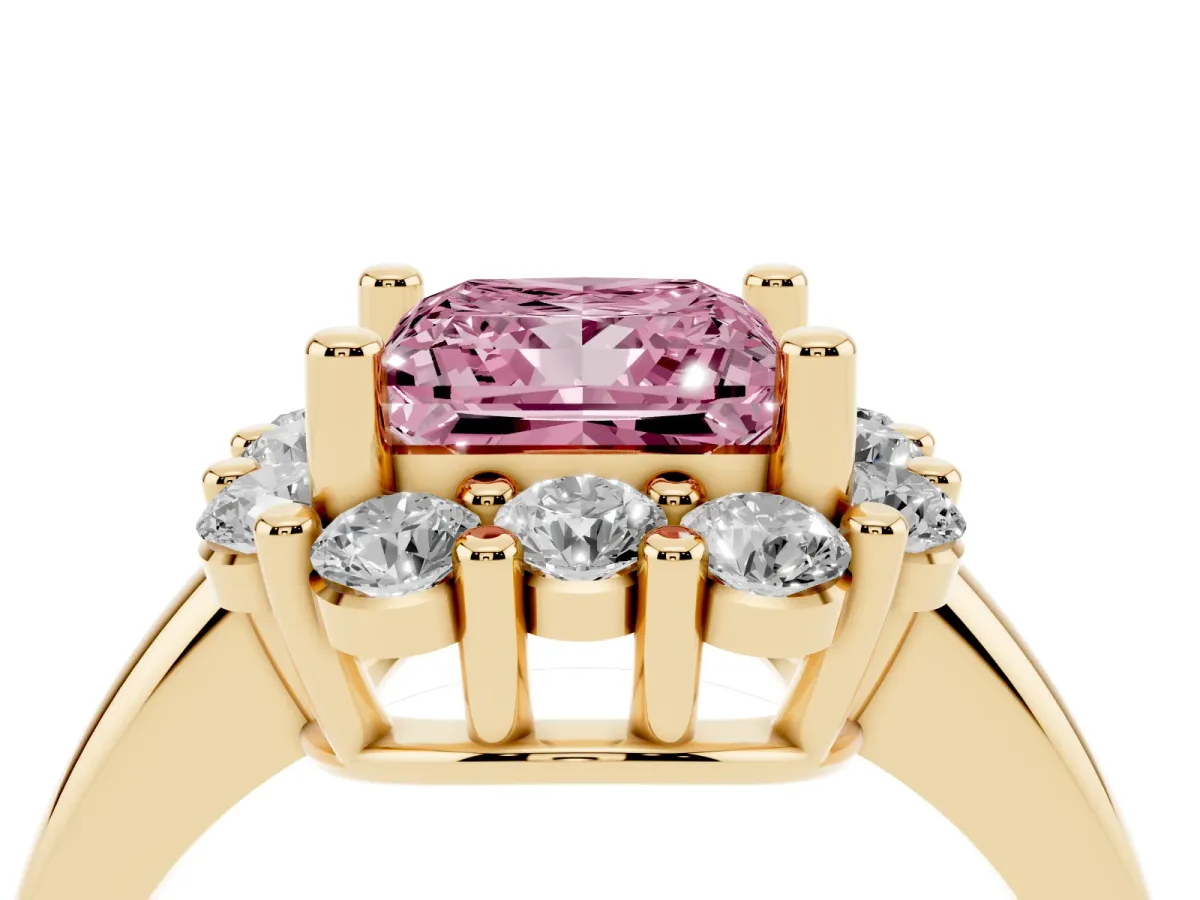 Fancy Pink Princess Cut Halo Cluster Diamond Engagement Ring with Prong Setting and Polished Band Yellow gold