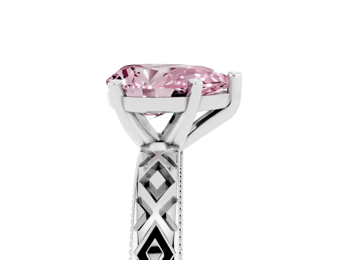 Fancy Pink Pear Cut Solitaire Diamond Ring with Milgrain and Black Enamel X Pattern Band Silver