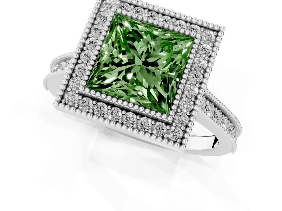 Fancy Green Halo Princess Cut-Cut Diamond Pave Band Milgrain Prong Setting Ring Silver