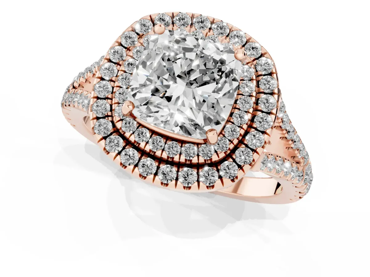 Cushion Cut Diamond Double Halo Ring with Pavé Band and Prong Setting Rose gold