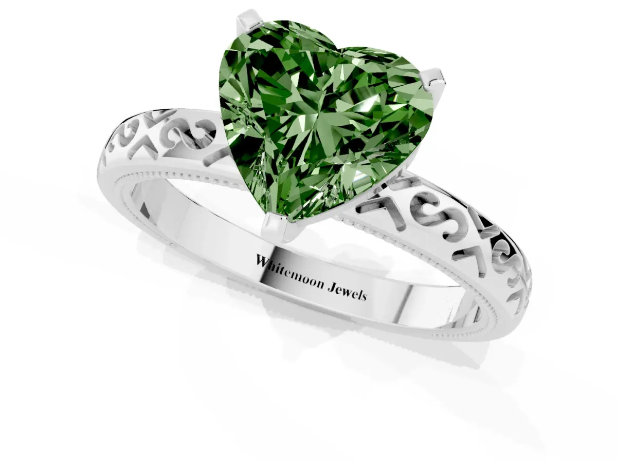 Fancy Green Heart Cut Solitaire Engagement Ring with Scrollwork Band and Four-Prong Setting Silver