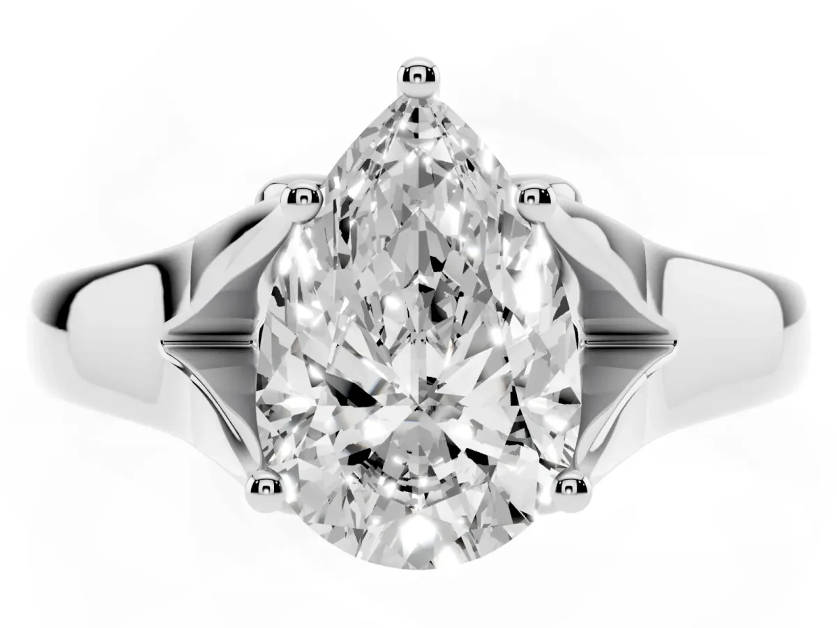 Pear Cut Solitaire Diamond Ring with Cathedral Band and Four-Prong Setting Platinum
