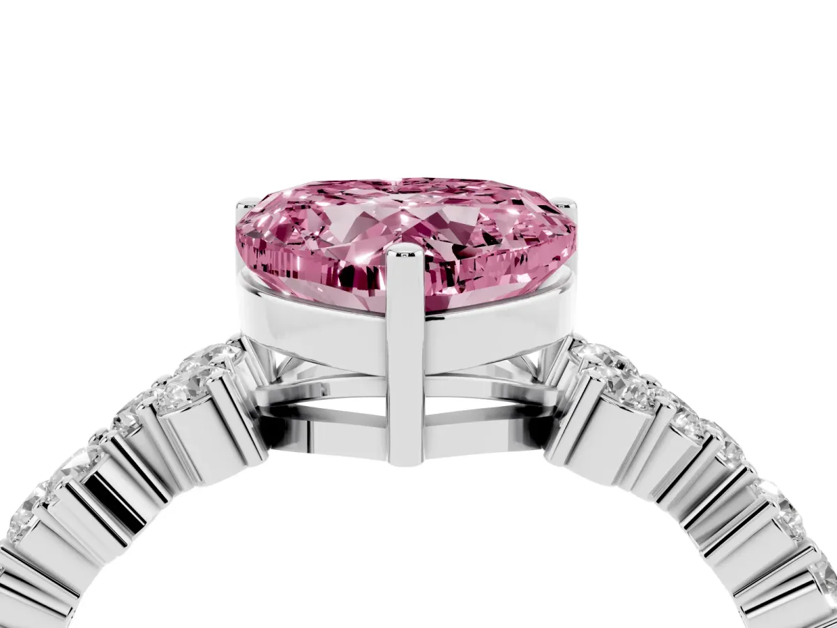 Fancy Pink Heart Cut Diamond Scattered Round Accent Ring with Prong Setting White gold