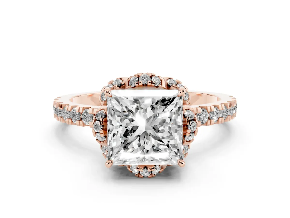 Princess Cut Diamond Halo Pave Band with Four-Prong Setting Rose gold