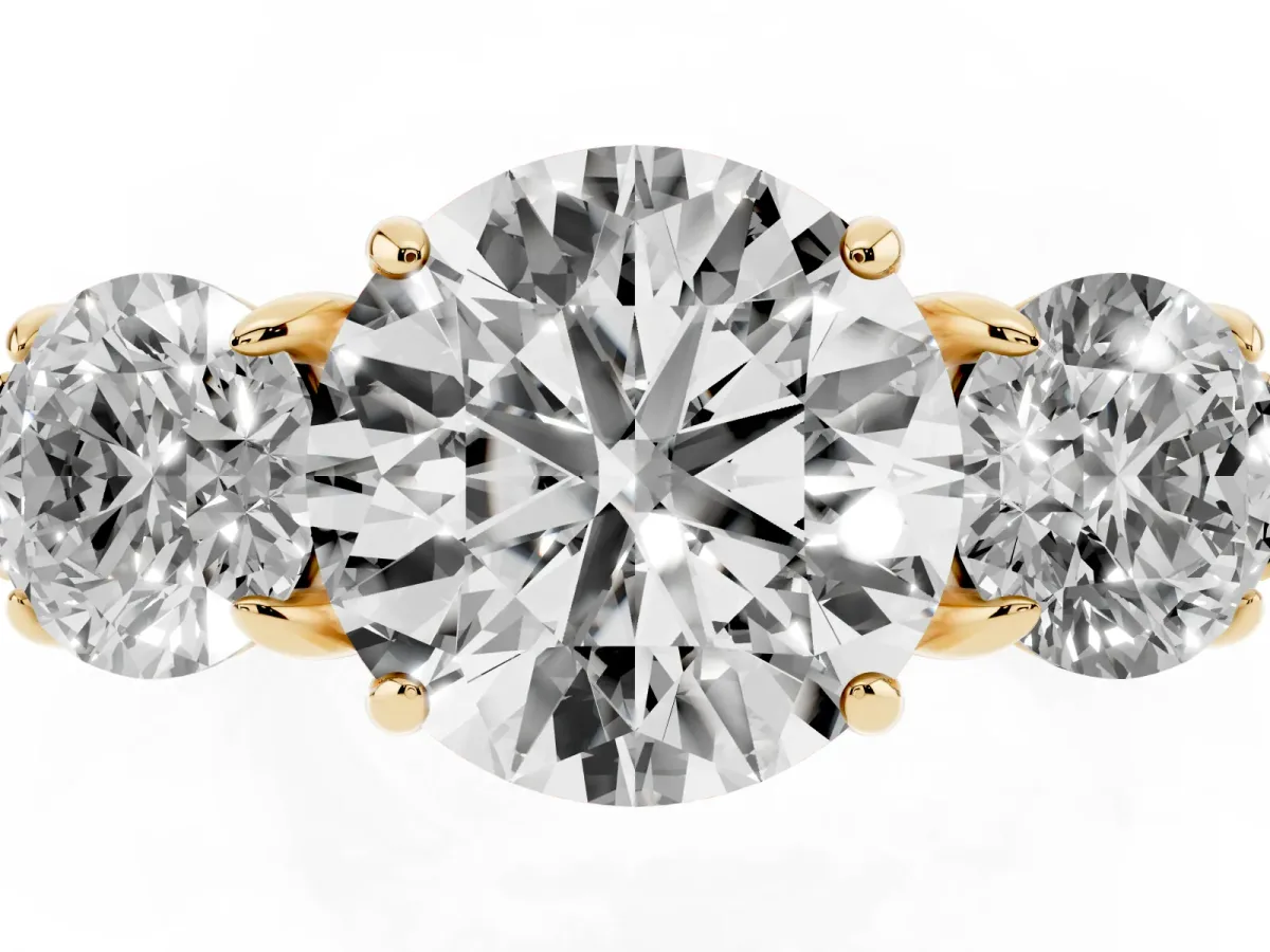 Three-Stone Round Cut Cut Diamond Ring with Round Accent Stones, Prong Setting, and Classic Band Yellow gold