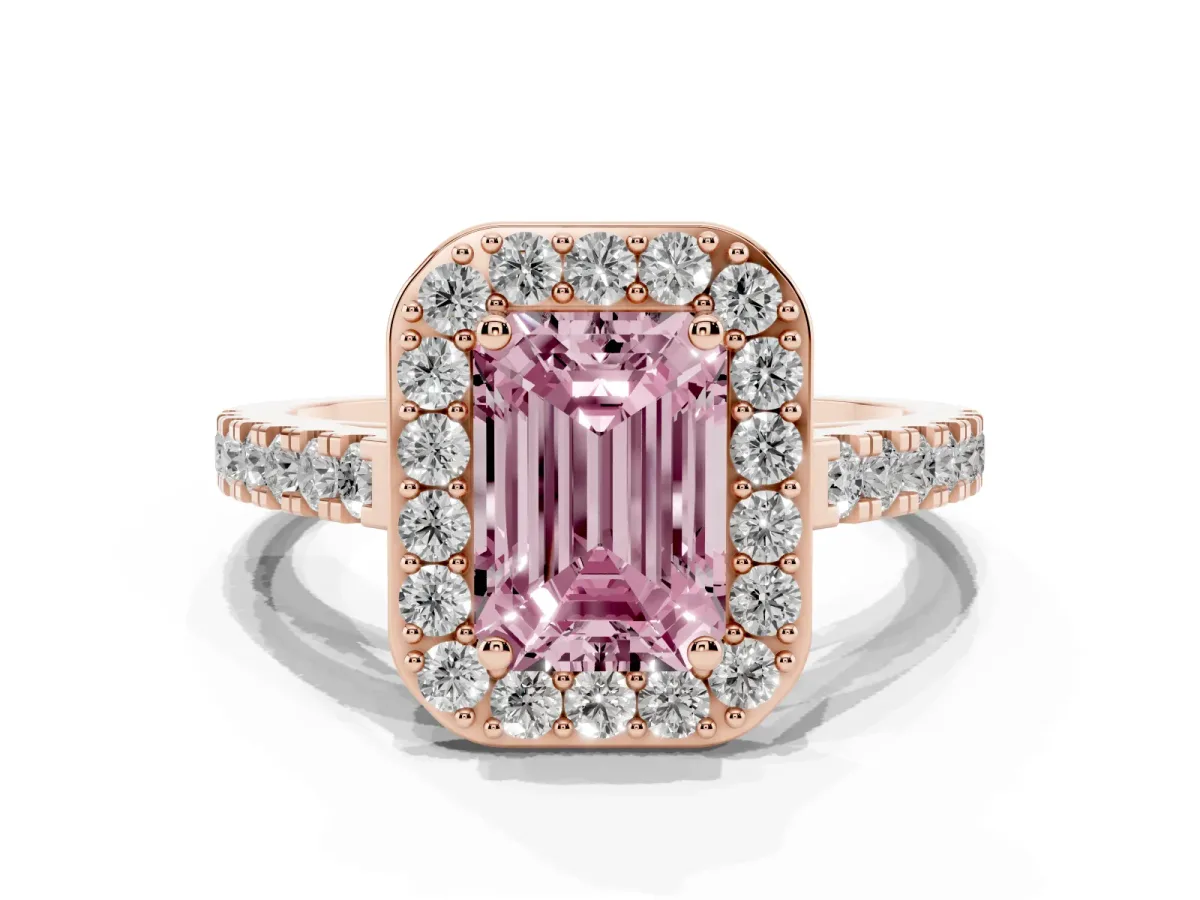Fancy Pink Emerald Cut Diamond Halo Ring with Round Pavé Split Shank and Prong Setting Rose gold
