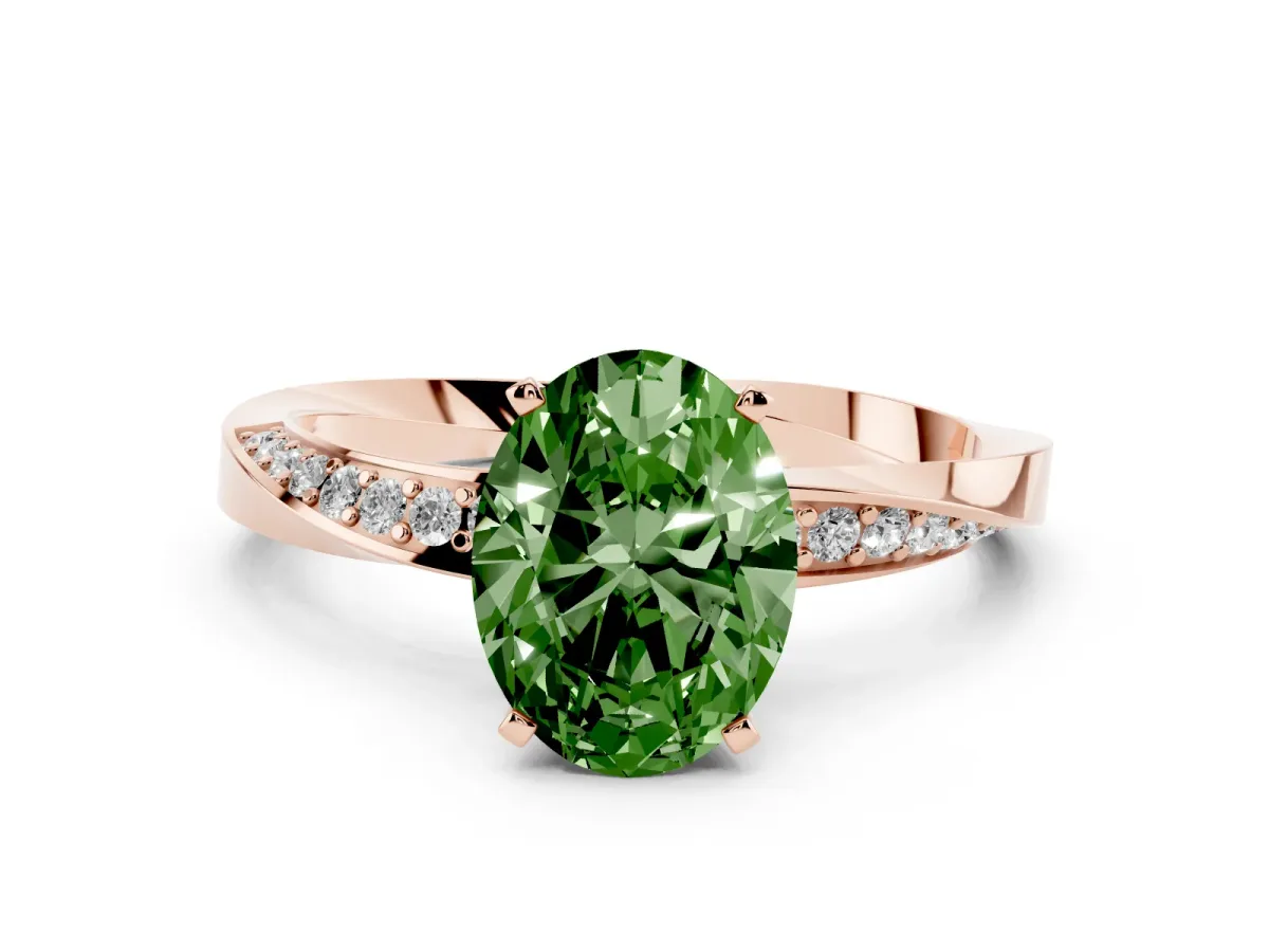 Fancy Green Oval Cut Diamond Engagement Ring with Side Stone Accents and Four-Prong Setting Rose gold