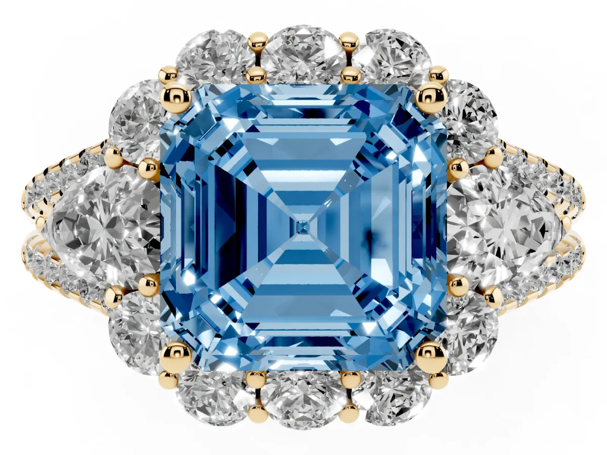 Fancy Blue Asscher Cut Halo Split Shank Diamond Engagement Ring with Prong Setting Yellow gold