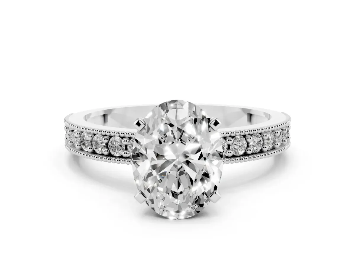 Oval Cut Diamond Milgrain Pavé Engagement Ring with Four-Prong Setting White gold