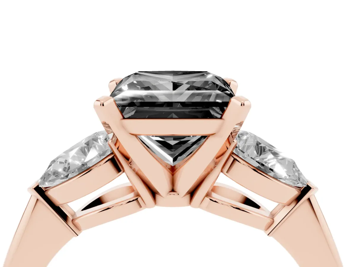 Fancy Black Three-Stone Princess Cut Diamond Ring with Pear Side Stones and Four-Prong Setting Rose gold