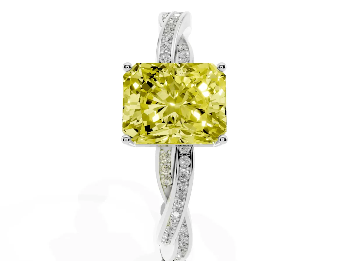 Fancy Yellow Radiant Cut Solitaire Twisted Pave Diamond Ring with Four-Prong Setting Silver