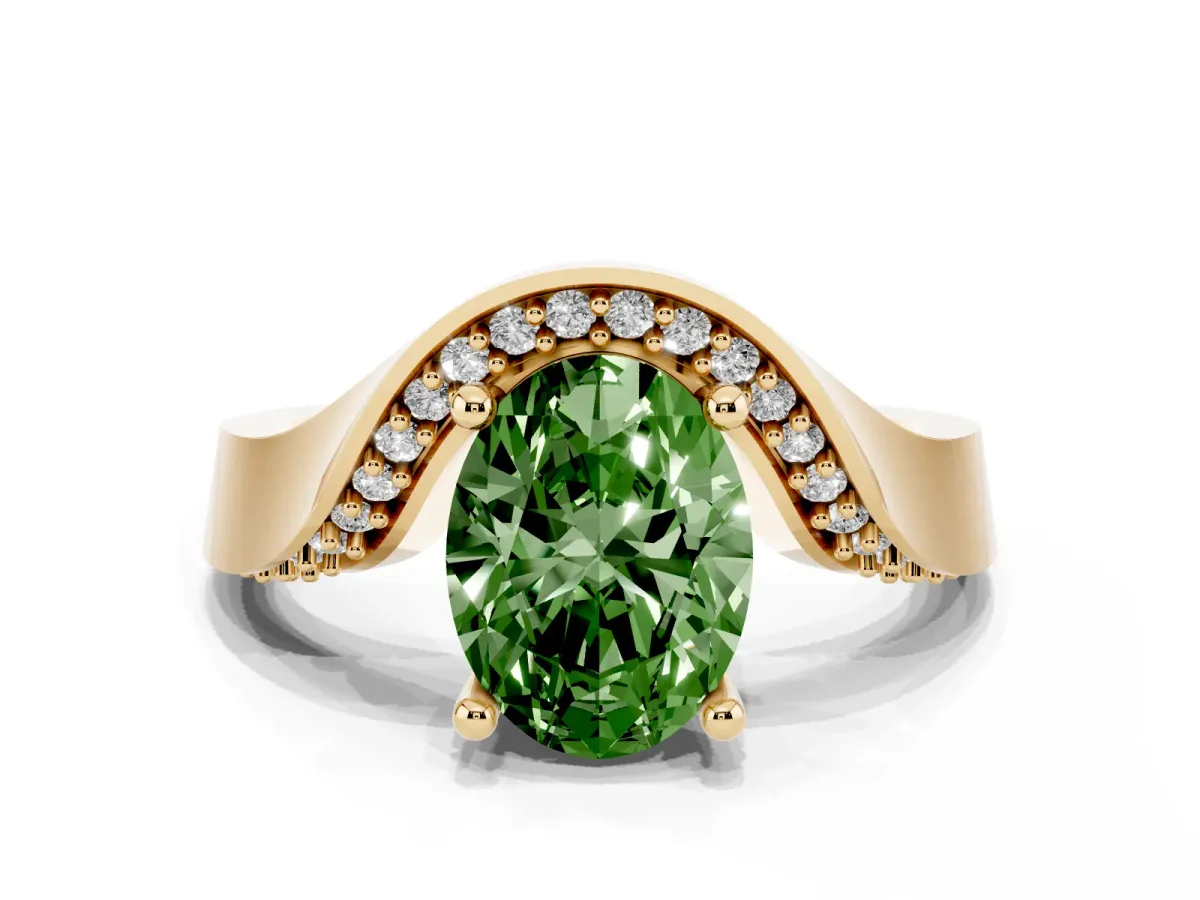 Fancy Green Oval Cut Solitaire Diamond Engagement Ring with Pave Band and Four-Prong Setting Yellow gold