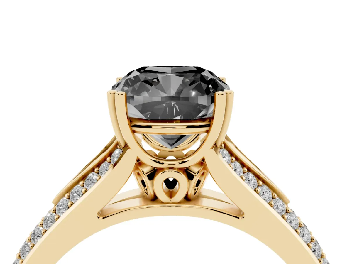 Fancy Black Cushion Cut Diamond Split Shank Engagement Ring with Pavé Band Yellow gold