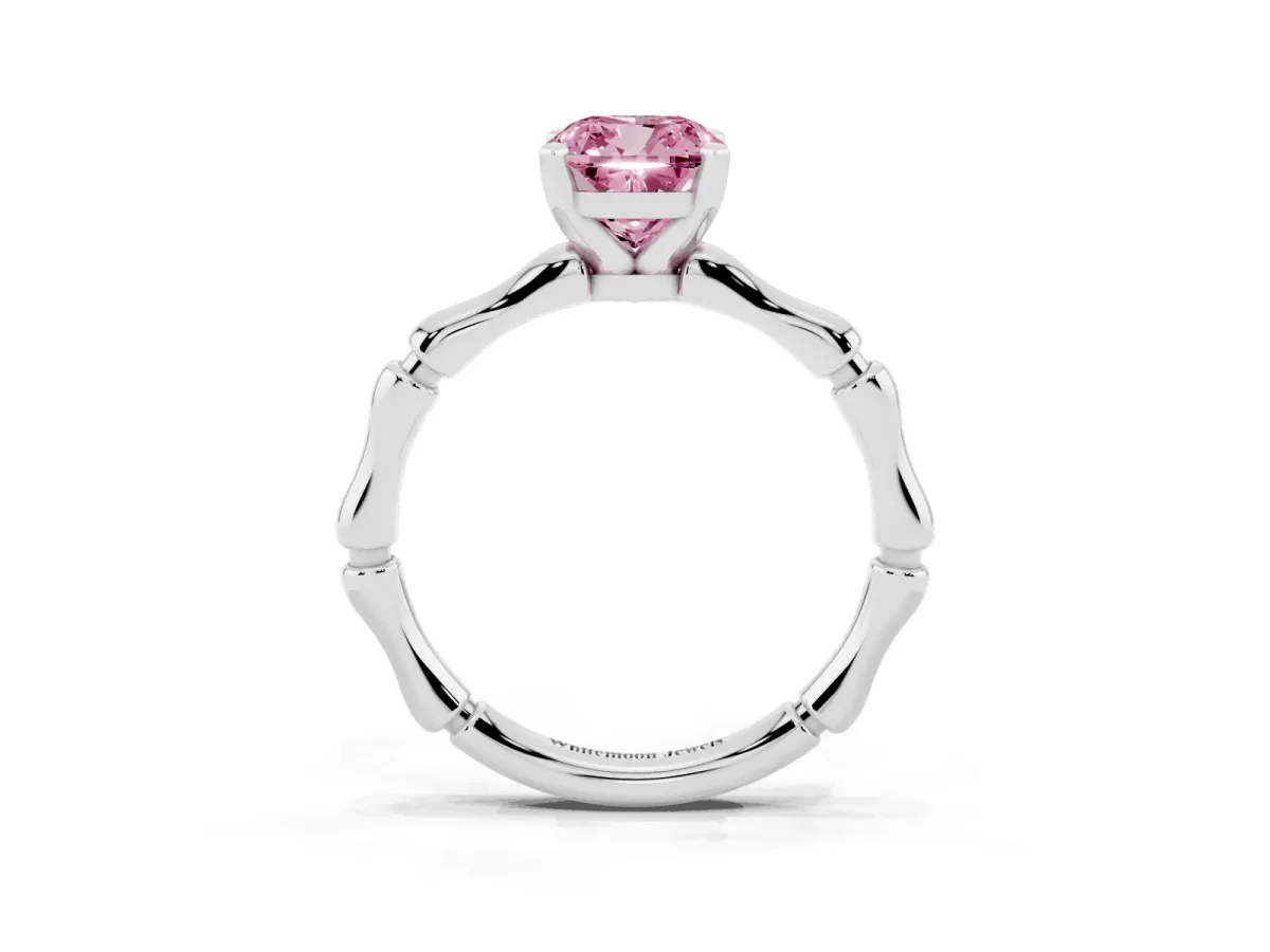 Fancy Pink Cushion Cut Solitaire Diamond Ring with Bamboo Band and Four-Prong Setting Silver