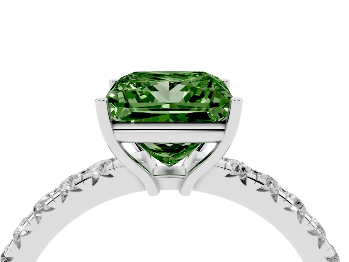 Fancy Green Princess Cut Diamond Pavé Solitaire Engagement Ring with Four-Prong Setting Silver