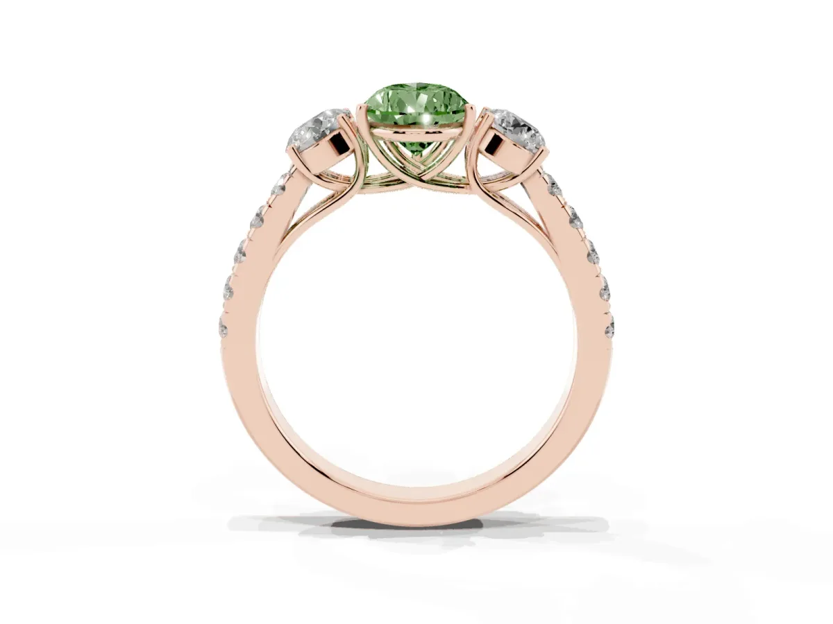 Fancy Green Pear Cut Cut Diamond Three-Stone Ring with Round Side Stones and Pavé Band Rose gold
