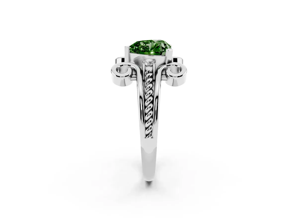 Fancy Green Heart Cut Solitaire Twisted Band Scroll Prong Ring White gold