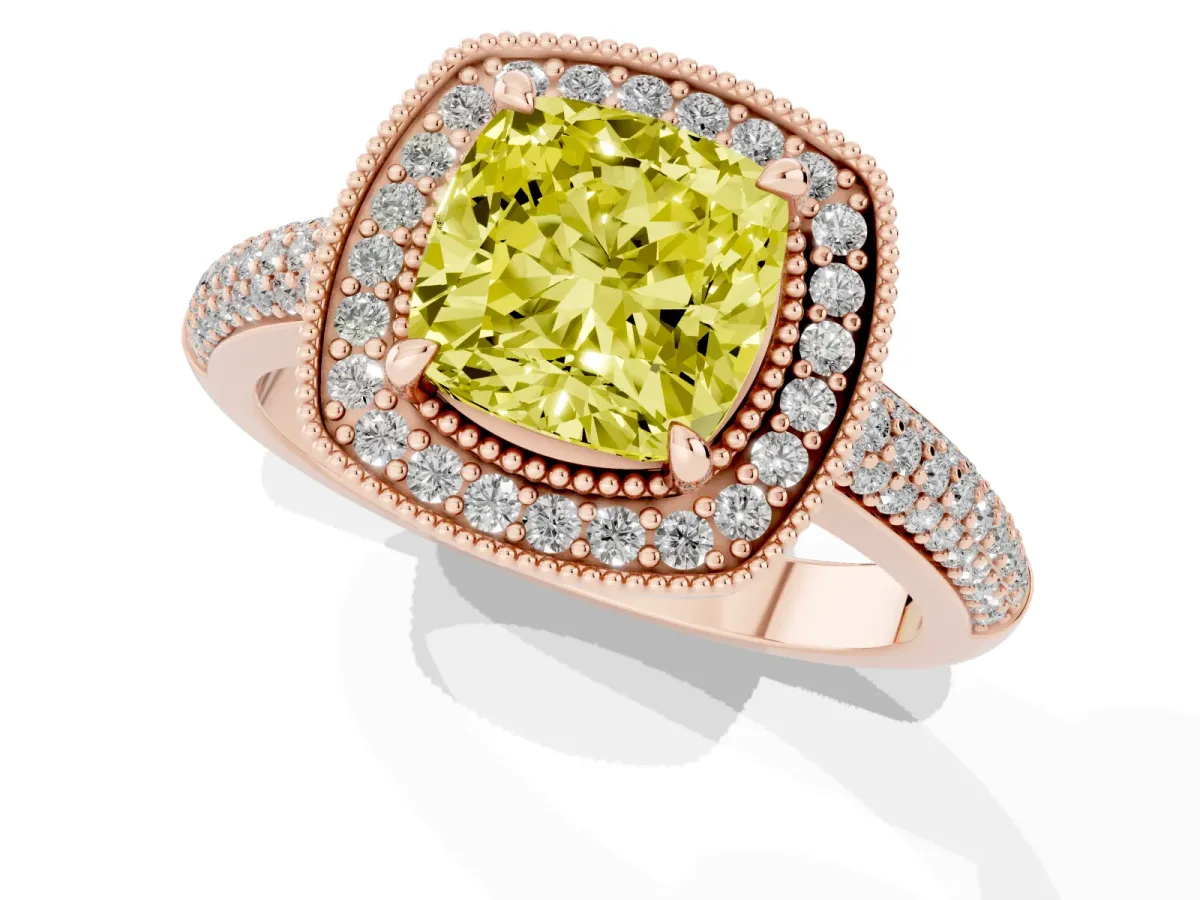 Fancy Yellow Cushion Cut Cut Halo Diamond Pave Band with Four-Prong Setting Rose gold