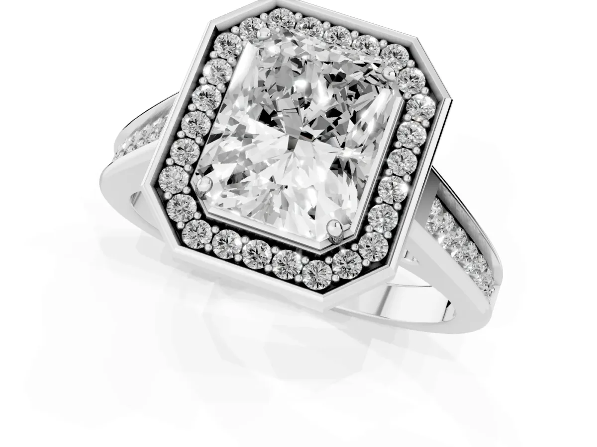 Radiant Cut Halo Solitaire Diamond Ring with Pave Band and Bezel Setting Silver