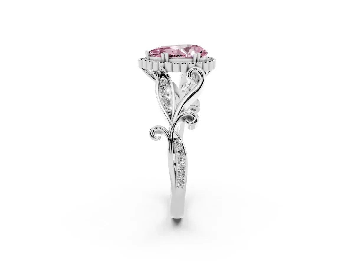 Fancy Pink Pear Cut Diamond Halo Ring with Vintage Split Shank and Four-Prong Setting Platinum
