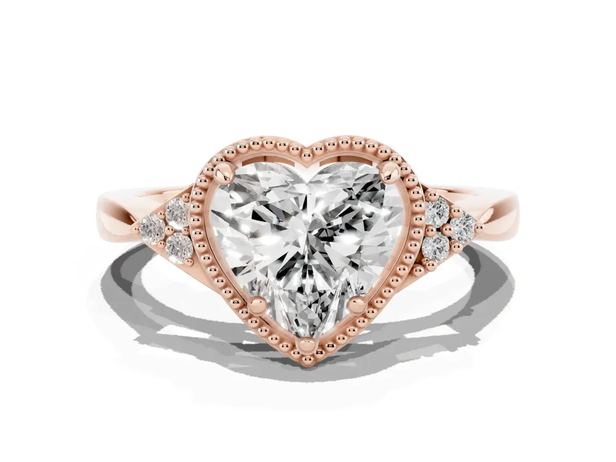Hexagonal Halo Heart Cut Diamond Solitaire with Pavé Band and Four-Prong Setting Rose gold