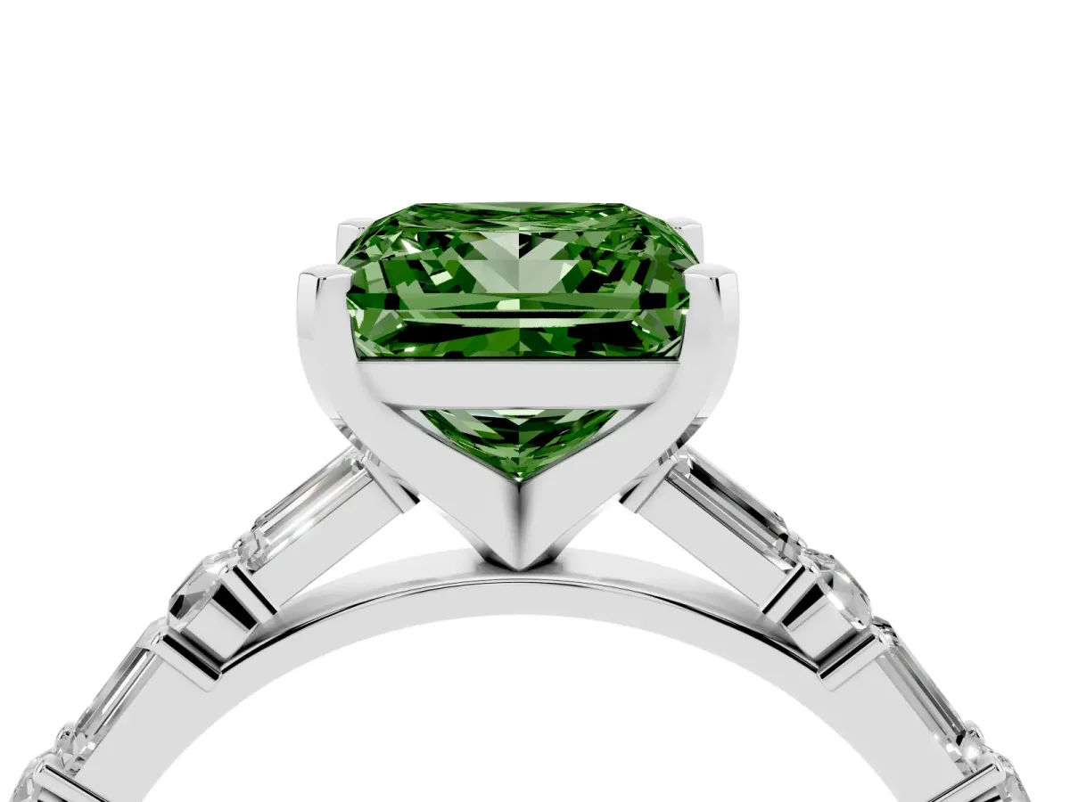 Fancy Green Princess Cut Diamond Solitaire with Side Baguettes and Channel Set Band Platinum
