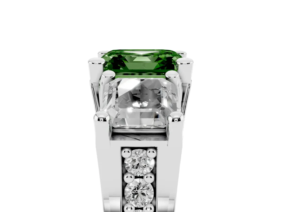 Fancy Green Asscher Cut Diamond Three-Stone Ring with Channel Set Band and Four-Prong Setting Silver