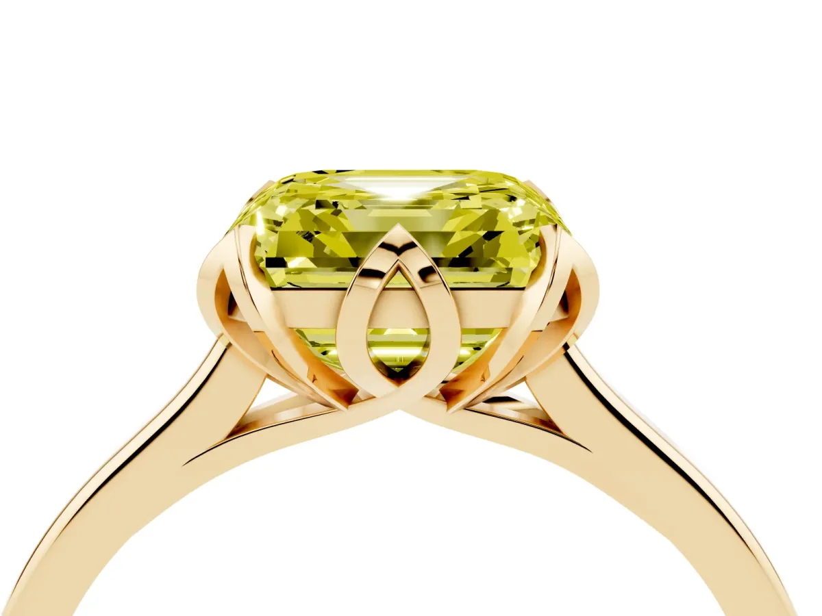 Fancy Yellow Asscher Cut Diamond Solitaire Ring with Flower Prong Setting and Classic Band Yellow gold
