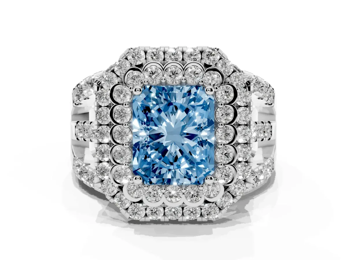 Fancy Blue Radiant Cut Diamond Double Halo Ring with Round Pavé Split Shank and Prong Setting Silver