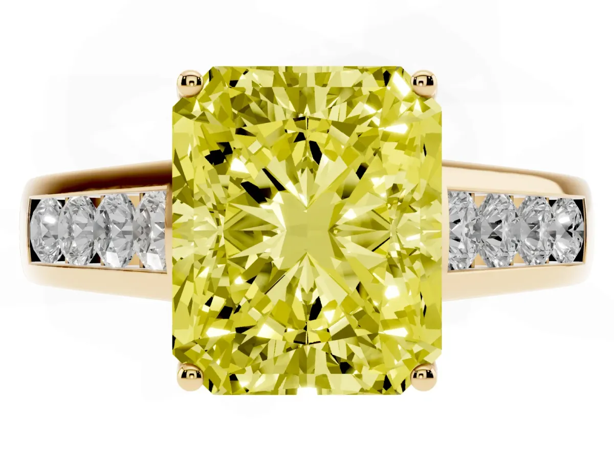 Fancy Yellow Radiant Cut Solitaire Channel-Set Diamond Engagement Ring with Four-Prong Setting Yellow gold