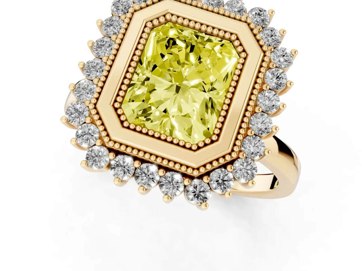 Fancy Yellow Radiant Cut Halo Diamond Ring with Milgrain Edge and Round Prong Setting Yellow gold