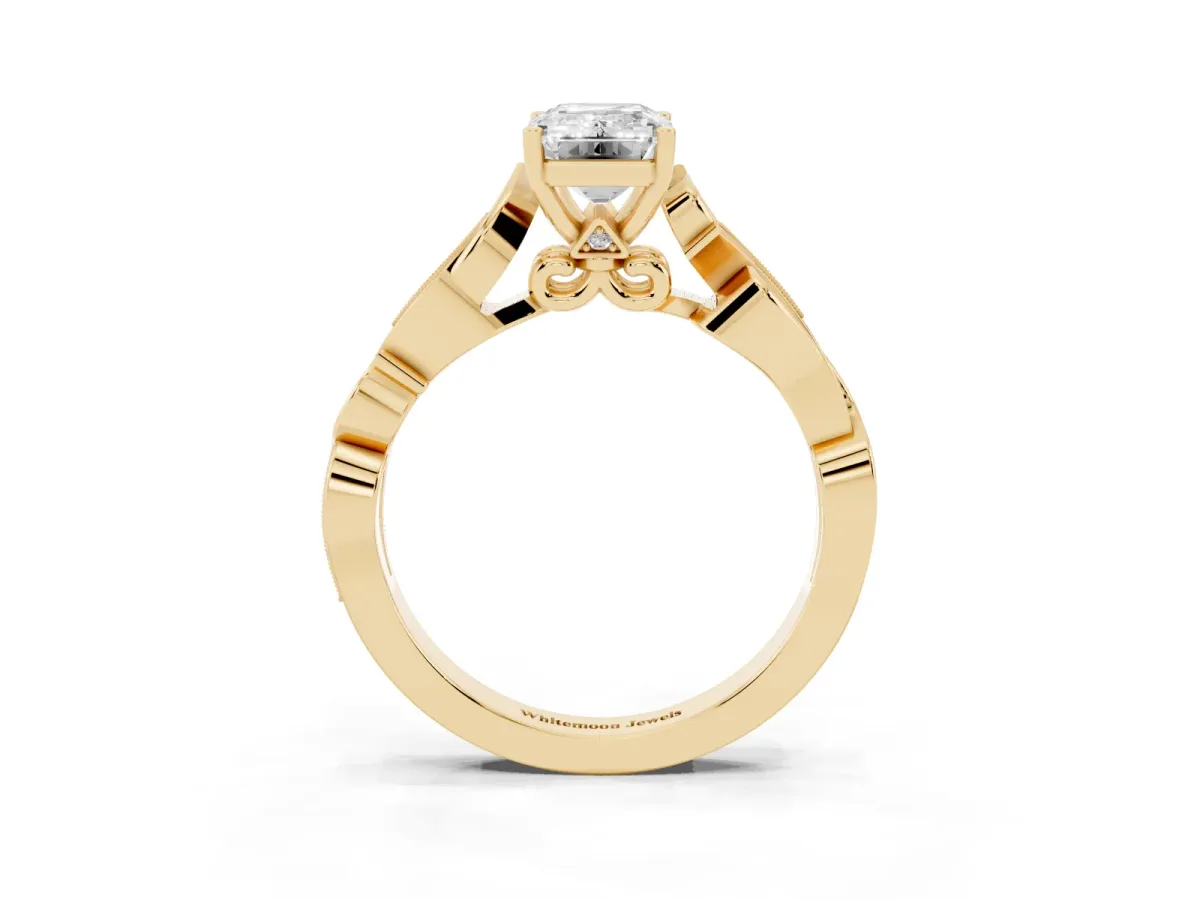 Emerald Cut Solitaire Vine Band with Milgrain Prong Setting Yellow gold