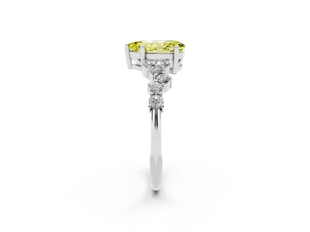 Fancy Yellow Pear Cut Diamond Scattered Round Accent Ring with Prong Setting White gold