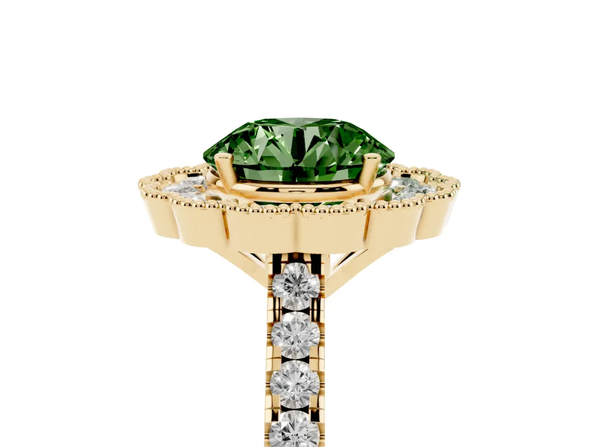 Fancy Green Round Cut Cut Diamond Milgrain Floral Halo Engagement Ring with Pavé Band Yellow gold