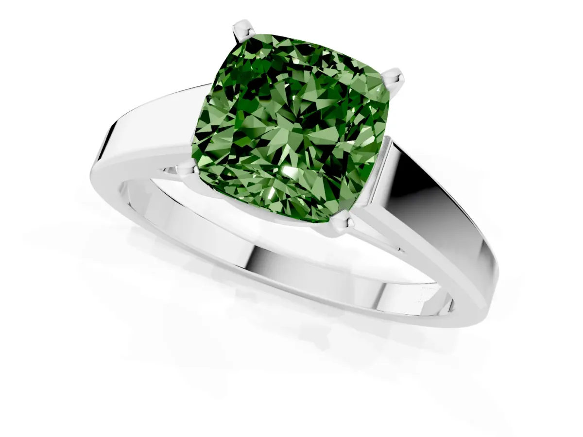 Fancy Green Cushion Cut Solitaire Engagement Ring with Four-Prong Setting and Tapered Band Silver