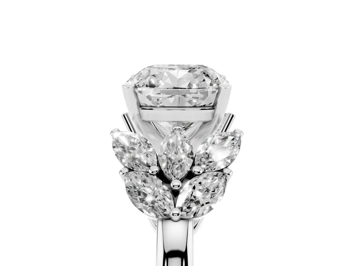 Cushion Cut Diamond Cluster Leaf Design Ring with Prong Setting Silver