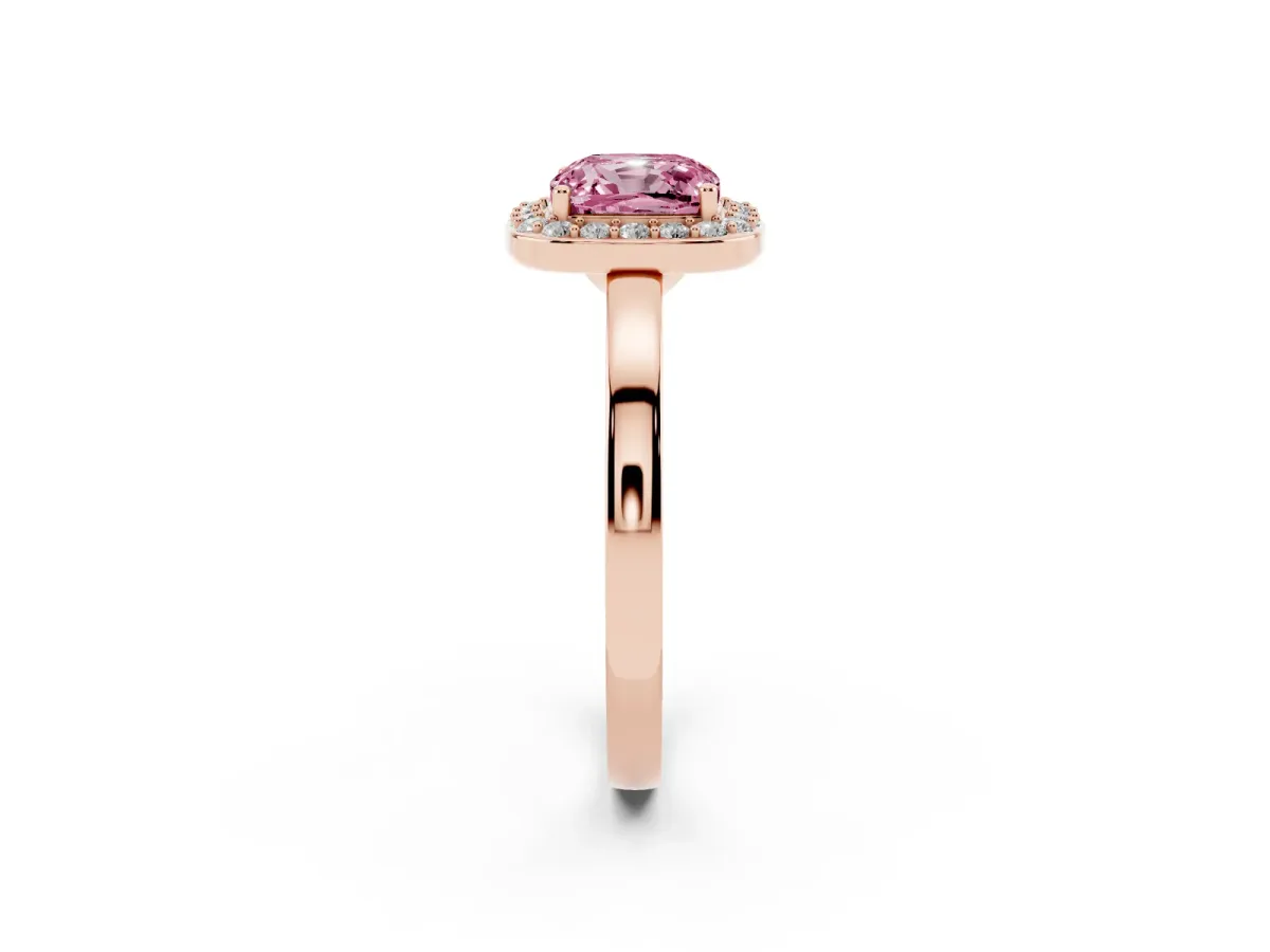 Fancy Pink Cushion Cut Halo Diamond Ring with Solitaire Band and Prong Setting Rose gold