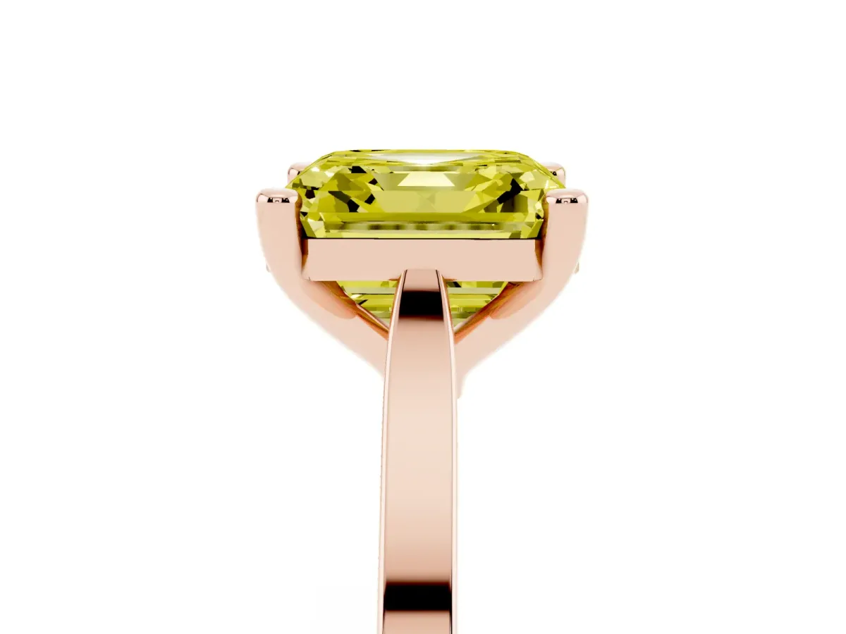 Fancy Yellow Asscher Cut Solitaire Diamond Ring with Four-Prong Setting and Tapered Band Rose gold