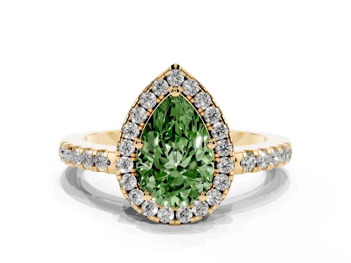 Fancy Green Pear Cut Halo Diamond Engagement Ring with Pavé Band and Four-Prong Setting Yellow gold
