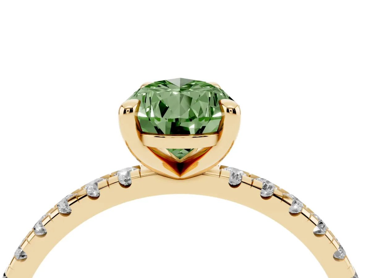 Fancy Green Pear Cut Diamond Brilliant Solitaire Ring with Pavé Band and Four-Prong Setting Yellow gold