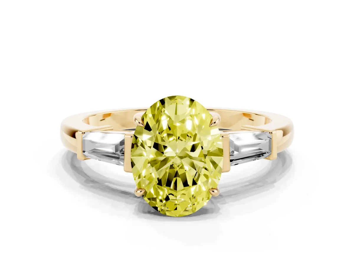 Fancy Yellow Oval Cut Diamond Three-Stone Ring with Tapered Baguette Side Stones and Prong Setting Yellow gold