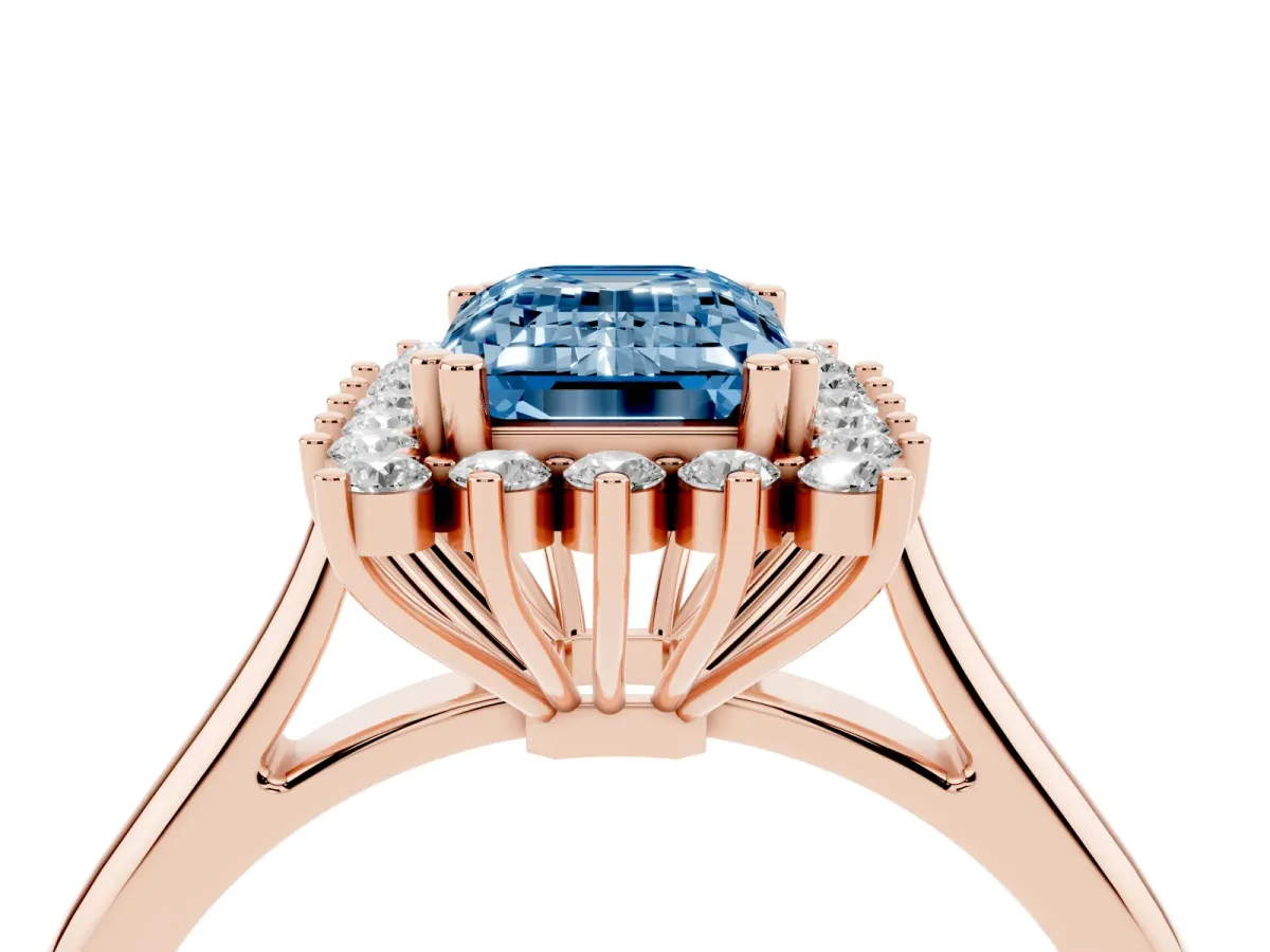 Fancy Blue Emerald Cut Cut Diamond Halo Ring with Solitaire Band and Prong Setting Rose gold