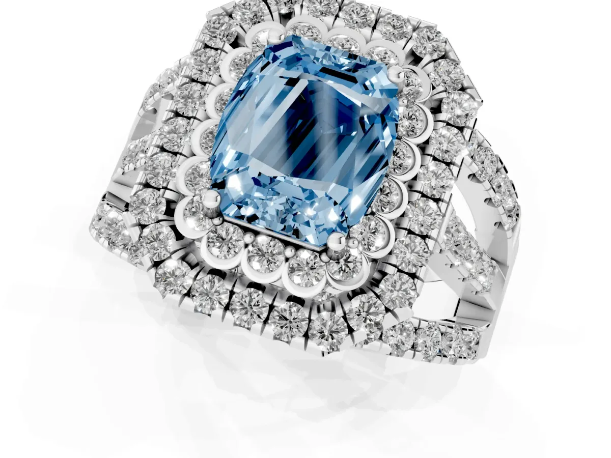 Fancy Blue Emerald Cut Diamond Double Halo Ring with Round Pavé Split Shank and Prong Setting Silver