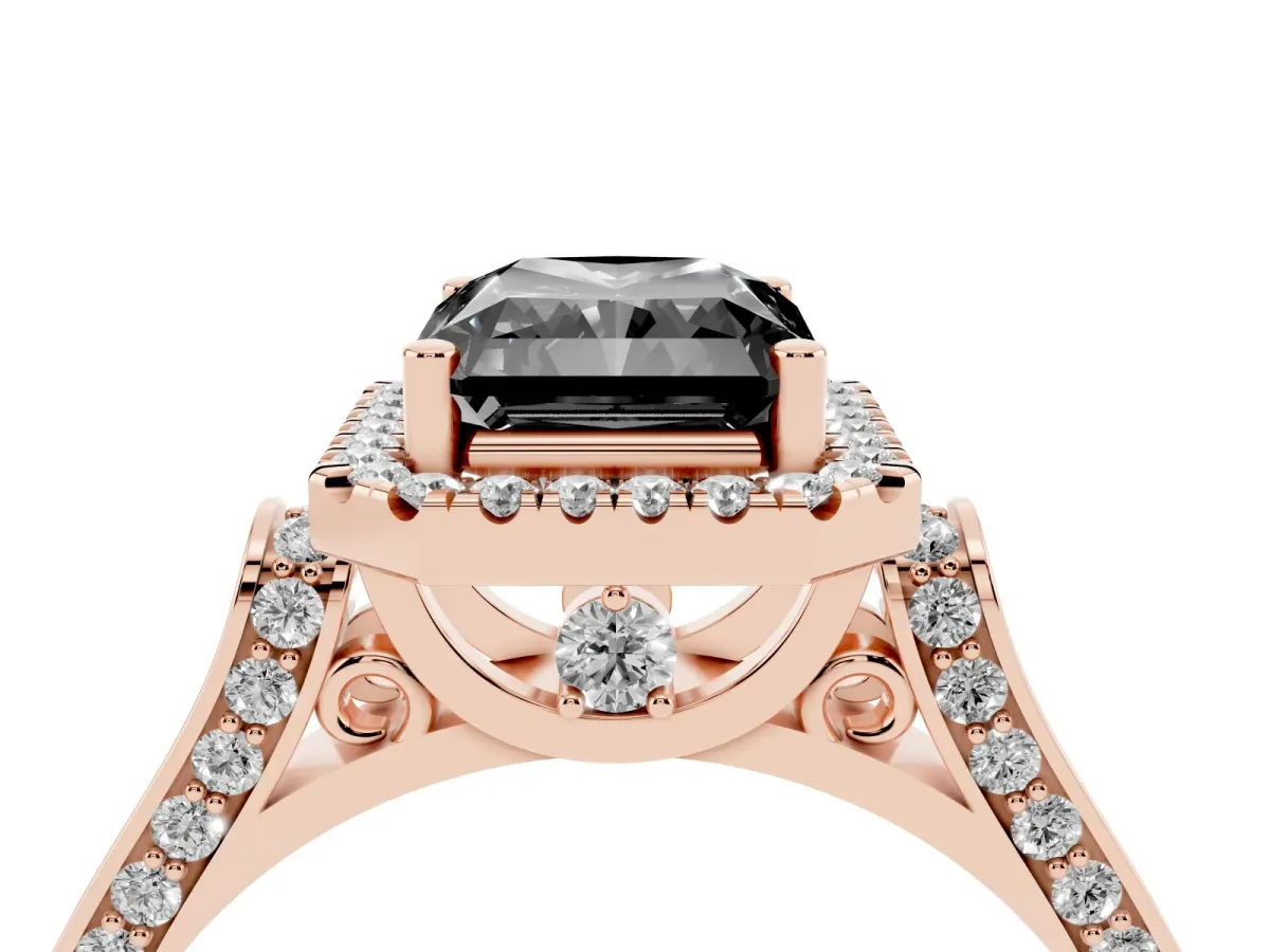 Fancy Black Radiant Cut Halo Round Diamond Twist Band with Four-Prong Setting Rose gold