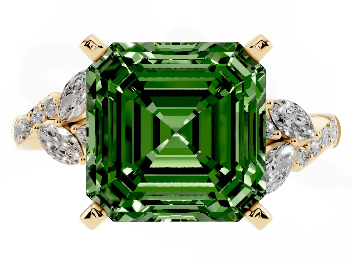 Fancy Green Asscher Cut Solitaire Marquise Twist Band with Six-Prong Setting Yellow gold